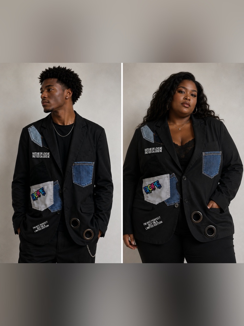 Upcycled unisex dark gray Patchwork Blazer with Denim Pockets